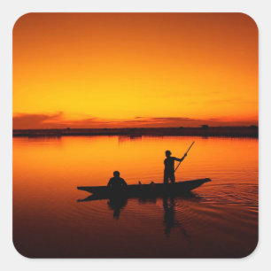 Sticker Carré Coucher de soleil, bateau d'aviron Silhouette-1649