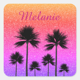 Sticker Carré Coucher de soleil dégradé avec palmiers scintillan