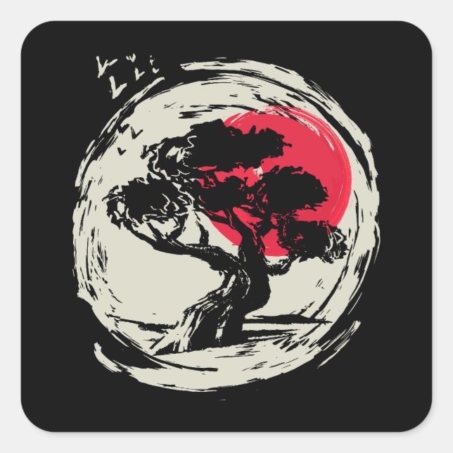 Sticker Carré Coucher de soleil japonais Bonsai Art (Devant)