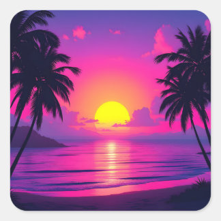 Sticker Carré Coucher de soleil néon sur une paume – Esthétique