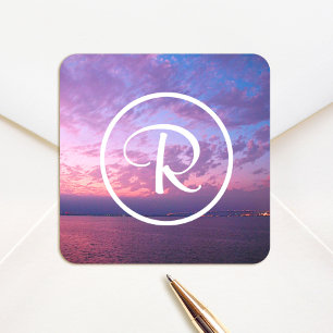 Sticker Carré Coucher de soleil rose violet océan photo monogram