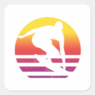 Sticker Carré Coucher de soleil surfeur Rétro