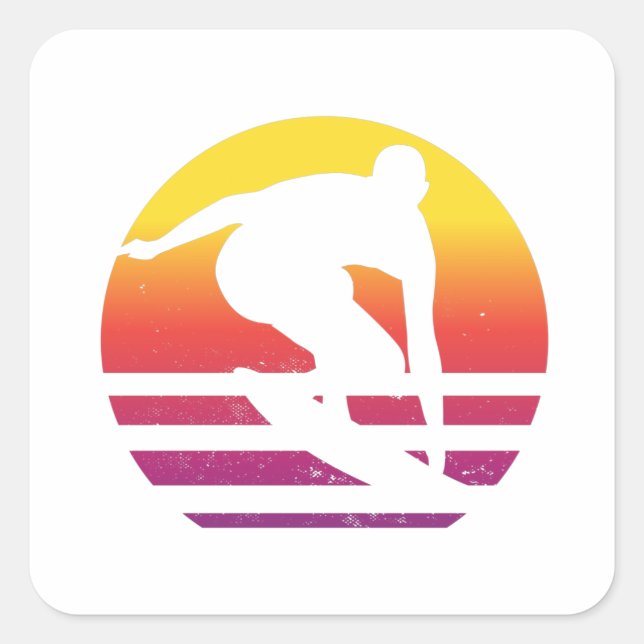 Sticker Carré Coucher de soleil surfeur Rétro (Devant)