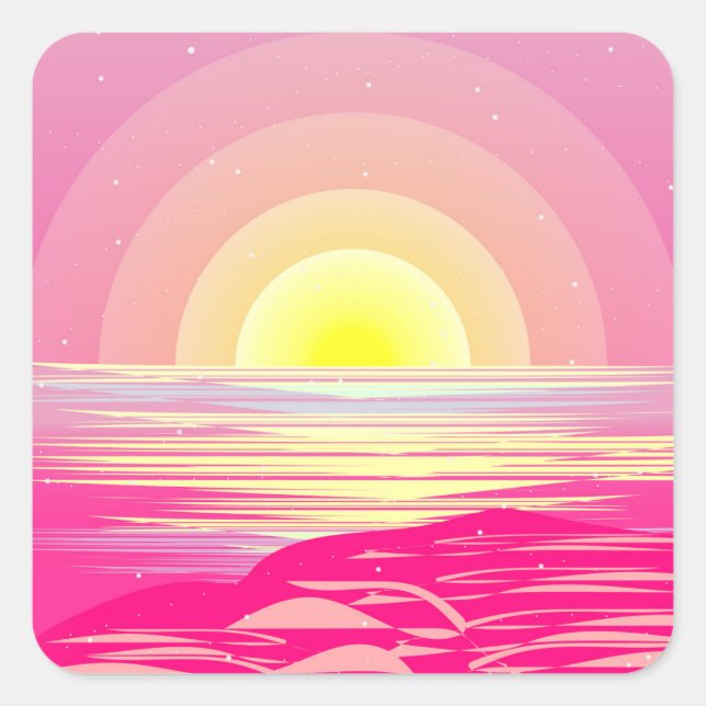 STICKER CARRÉ COUCHER SOLEIL OCÉAN ROSE (Devant)
