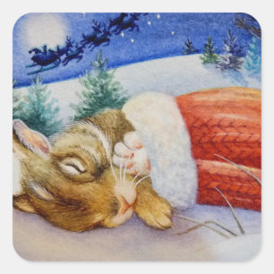 Sticker Carré Couches de lapin en Père Noël l'aquarelle Mitten A