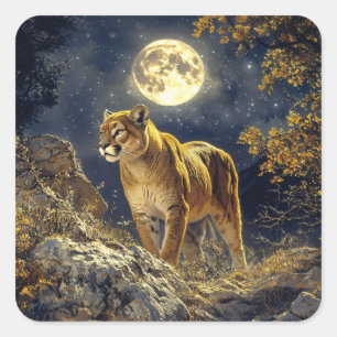 Sticker Carré Cougar in the Moonlight Wildlife Art