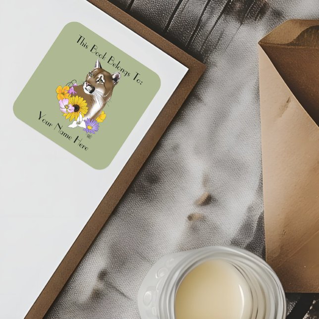 Sticker Carré Cougar Mountain Lion Puma Fleurs (Créateur téléchargé)