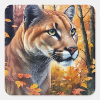 Sticker Carré Couleur Aquarelle Automne Art Chat