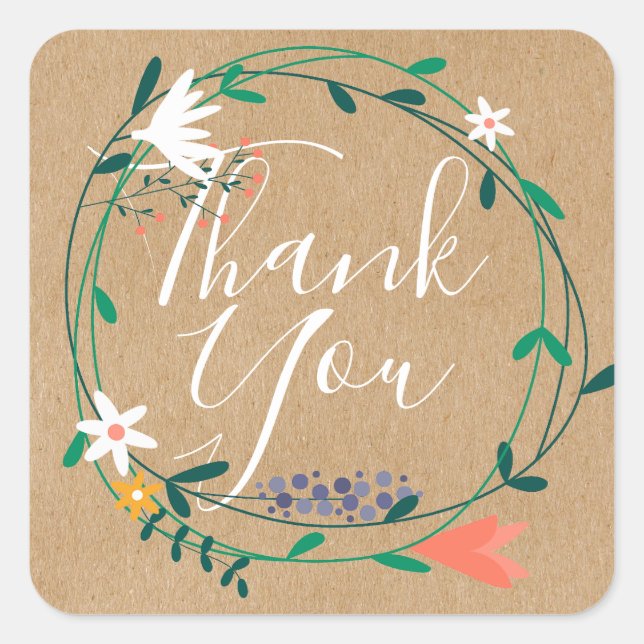 Sticker Carré Country Garland Script Merci Rustique Kraft Boho (Devant)