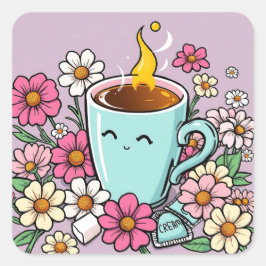 Sticker Carré Coupe Whimsical de Café Chaud et Fleurs