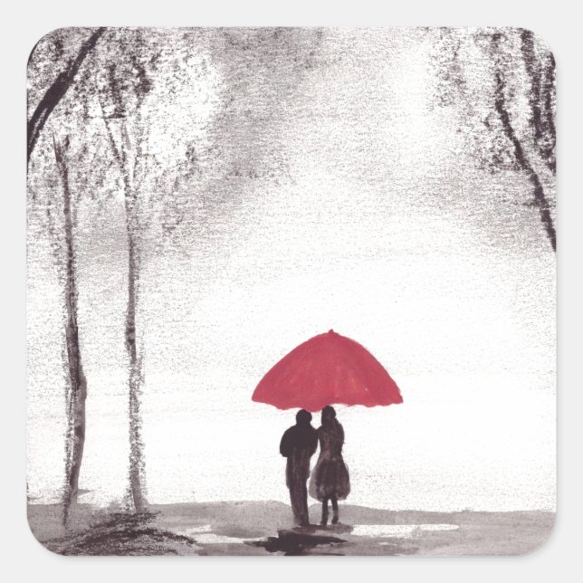 Sticker Carré Couple d'amour de parapluie rouge (Devant)