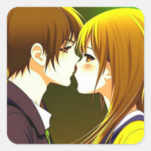 Sticker Carré Couple d'anime s'embrassant dans un dessin animé