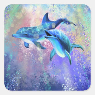 Sticker Carré Couple dauphin - Ajouter votre texte / nom -