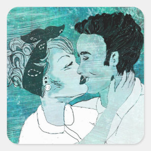 Sticker Carré Couple de baiser rétro