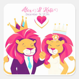 Sticker Carré Couple de lion mignon   Mariage romantique