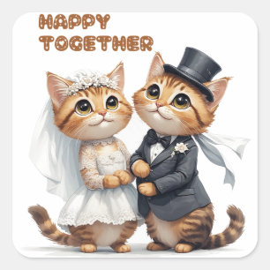 Sticker Carré Couple de Mariage de Chat Mignon avec Bouquet Cade