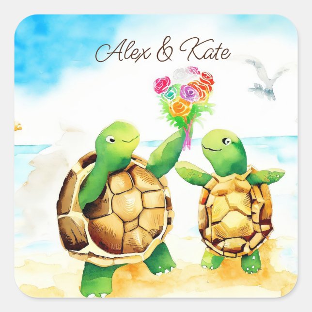 Sticker Carré Couple de tortue mignonne | Mariage romantique (Devant)