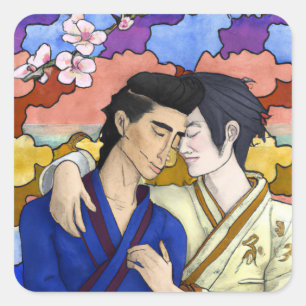 Sticker Carré Couple Gay Dans Le Style De L'Art Japonais Ukiyo-e