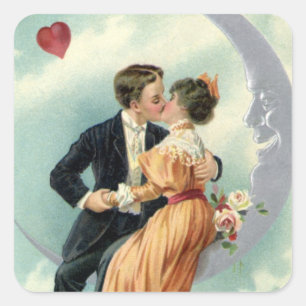 Sticker Carré Couple victorien vintage s'embrassant sur un crois