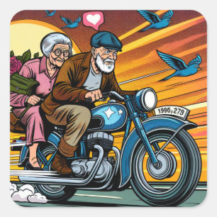 Sticker Carré Couple vieux mignon sur la moto vie vie
