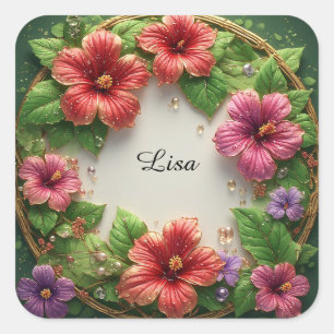 Sticker Carré Couronne de fleurs d'hibiscus vibrante