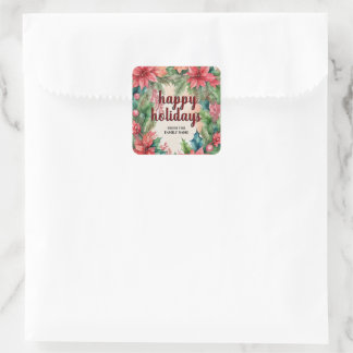 Sticker Carré Couronne de houx vert joyeuse Poinsettia rouge de