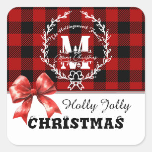 Sticker Carré Couronne de monogramme Joyeux Noël Buffalo Plaid