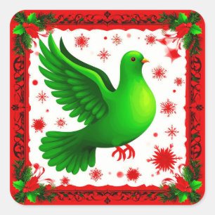 Sticker Carré Couronne de Noël festive avec colombe verte