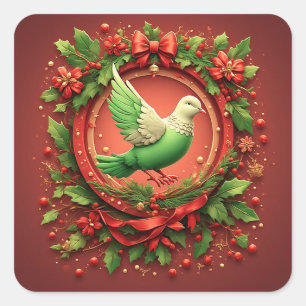 Sticker Carré Couronne de Noël festive avec colombe verte