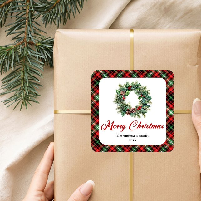 Sticker Carré Couronne de Noël traditionnelle Ensemble à carreau (Traditional Christmas Wreath Red Green Plaid Set Square Sticker)