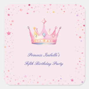 Sticker Carré Couronne de princesse Rose pastel Fille Anniversai