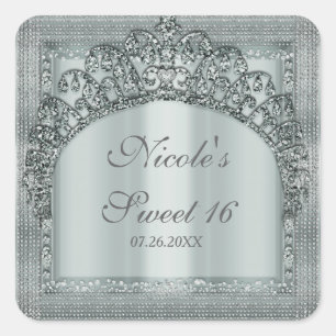 Sticker Carré Couronne de Tiara Argentée & Favour de Fête Bling 