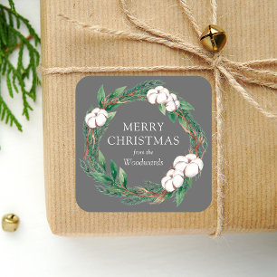 Sticker Carré Couronne de verdure hivernale Joyeux Noël Gris 