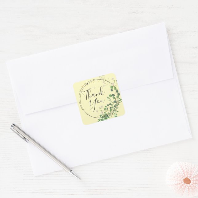 Sticker Carré Couronne de verdure jaune pastel Merci  (Enveloppe)