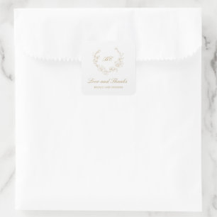 Sticker Carré Couronne d'or Monogramme Élégant Mariage