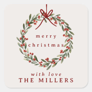 Sticker Carré Couronne feuillage de Noël avec arc rouge