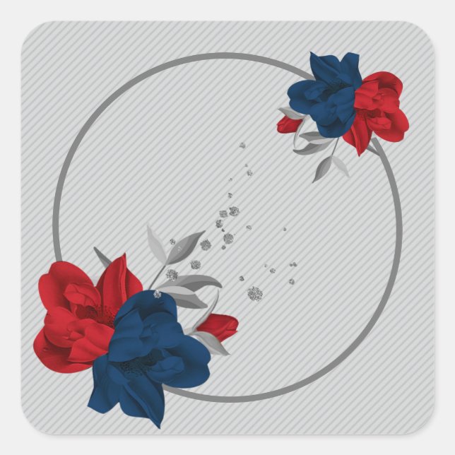 Sticker Carré couronne feuille marine & fleurs rouges gris (Devant)