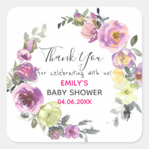 Sticker Carré Couronne florale violette Merci Baby Shower