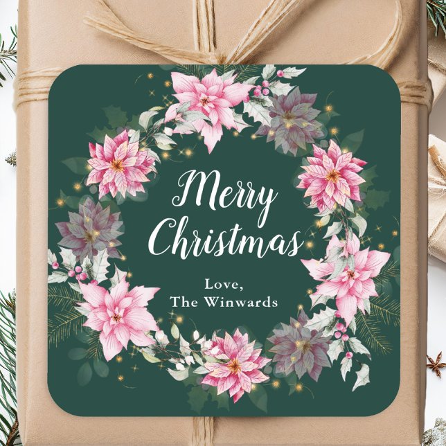 Sticker Carré Couronne rose Poinsettia Joyeux Noël (Créateur téléchargé)