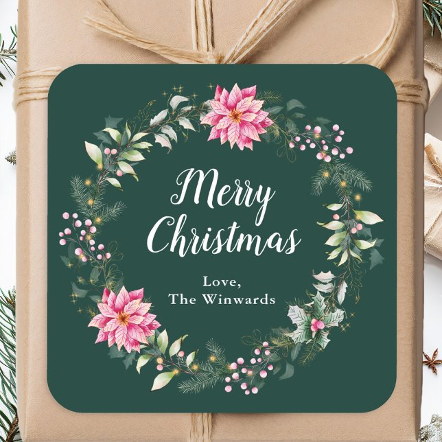 Sticker Carré Couronne rose Poinsettia Joyeux Noël (Créateur téléchargé)
