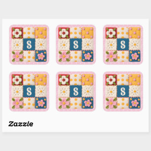 Sticker Carré Courtepièce de fleurs brodées en patchwork Monogra