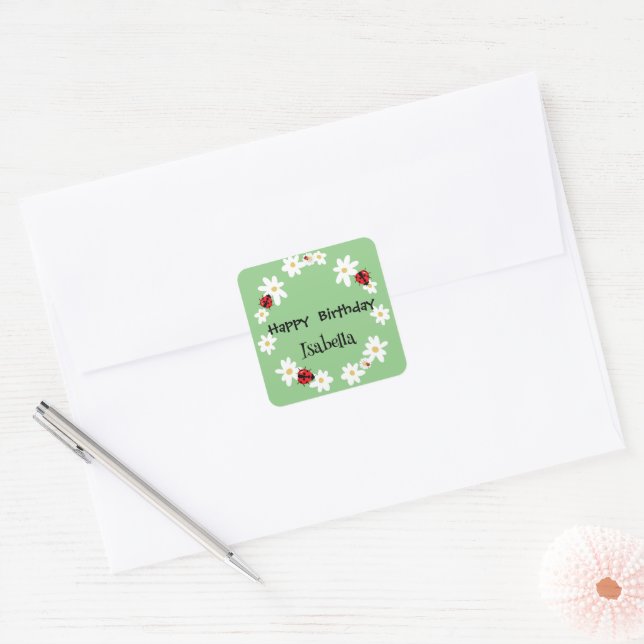 Sticker Carré Coute Polka point Ladybug Daisy Flower fête d'anni (Enveloppe)