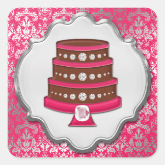 Sticker Carré Couture au gâteau rose chaud Damask Carré Étiquett