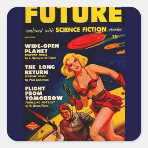 Sticker Carré Couverture Vintage de la fille spatiale Sci-Fi Pap