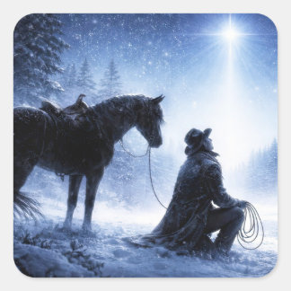 Sticker Carré Cow-boy et cheval de la fête de Noël sous l'étoile