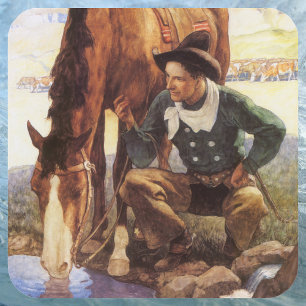 Sticker Carré Cowboy arroser son cheval par NC Wyeth, Art Vintag