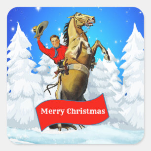 Sticker Carré Cowboy occidental vintage élevant le cheval joyeu