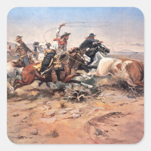 Sticker Carré Cowboys roping a steer, 1897 (huile sur toile)