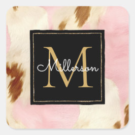Sticker Carré Cowgirl Crème rose Brown Cowhide Or Monogramme