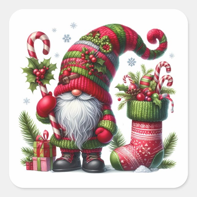 Sticker Carré Cozy Christmas Gnome Art – Festive Holiday (Devant)